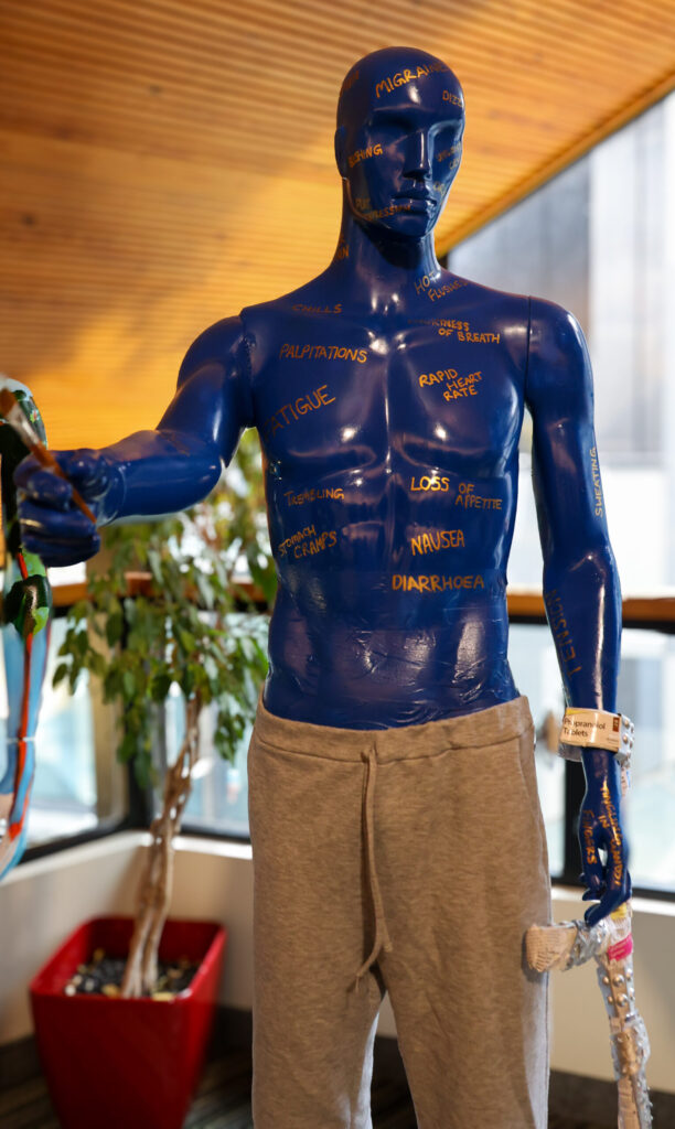 A Mannequin designed by Emma Roddick MSP designed to show off The physical impacts of anxiety and depression.